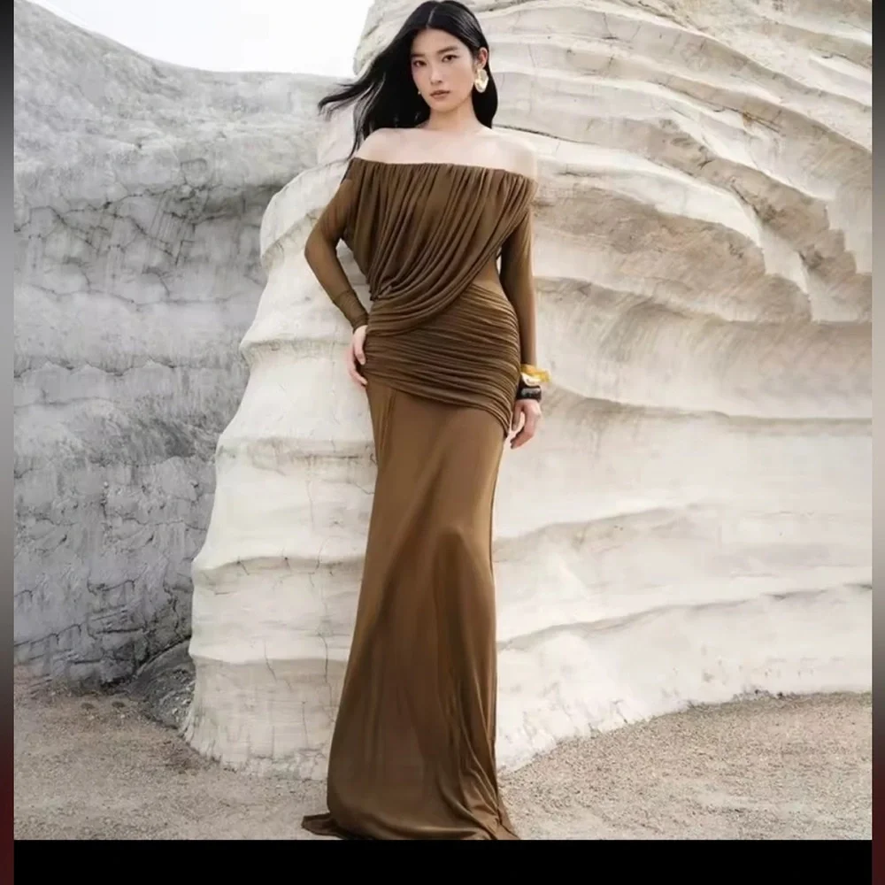 KOIR Elegant Brown Off-Shoulder Dress like helsa - Picture 4 of 4